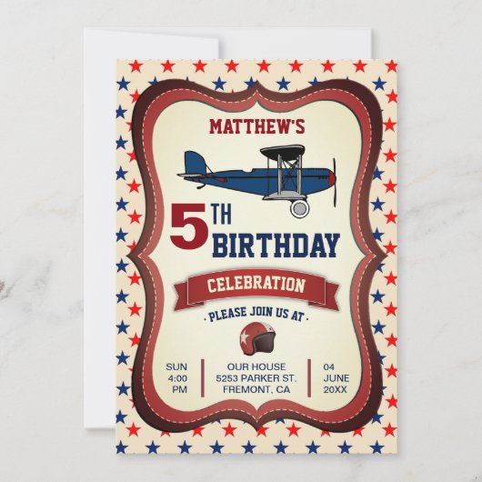 ヴィンテージ レトロ飛行機 子供の誕生日パーティー招待状 招待状 (正面)