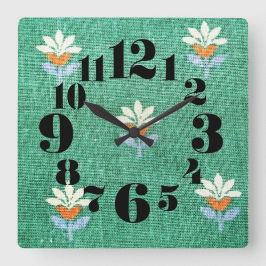 ヴィンテージ/レトロ1970s緑のフローラ スクエア壁時計 (正面)
