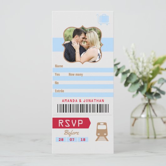 ヴィンテージ レトロ ウェディング RSVP 列車チケットの切符写真 招待状 (スタンド正面)