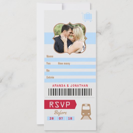 ヴィンテージ レトロ ウェディング RSVP 列車チケットの切符写真 招待状 (正面)