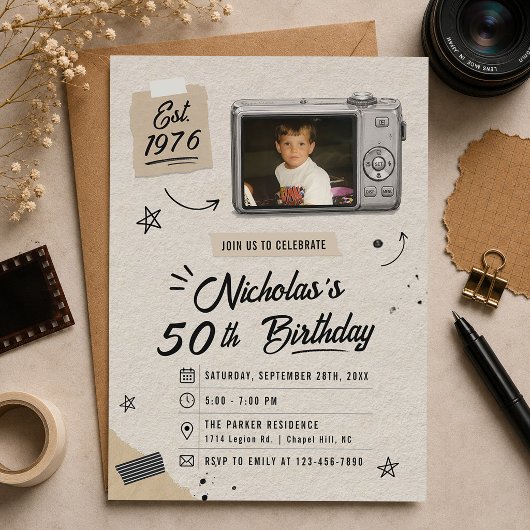 ヴィンテージ レトロ カメラ 50歳の誕生日フォト 招待状