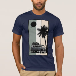 ヴィンテージ・レトロ・キャンピングカー・ヤシの木・ビーチ・サンセット・グラフィック Tシャツ