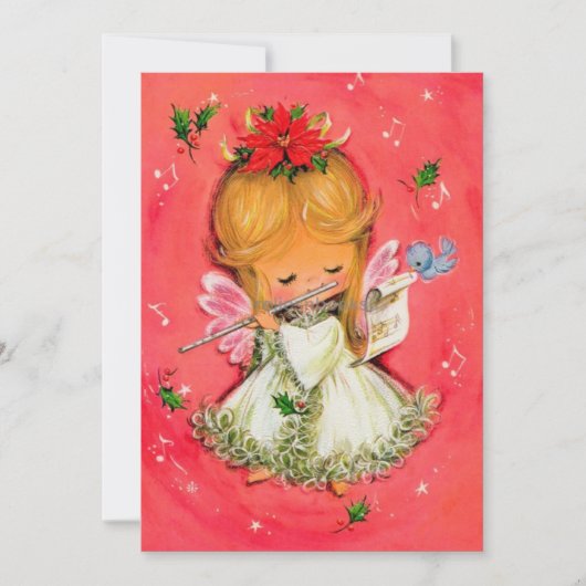 ヴィンテージ レトロ クリスマスの天使 フルートを演奏 シーズンカード (正面)