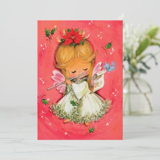 ヴィンテージ レトロ クリスマスの天使 フルートを演奏 シーズンカード (スタンド正面)