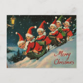 ヴィンテージ レトロ クリスマス: スレッジに乗ったエルフ シーズンポストカード (正面)