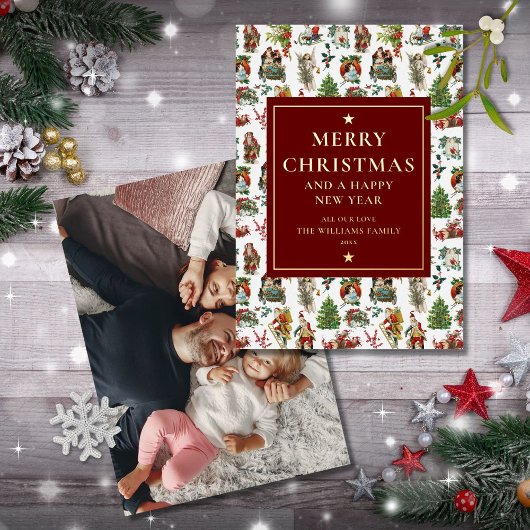 ヴィンテージ レトロ クリスマス フォト バーガンディ ゴールド 箔シーズンカード