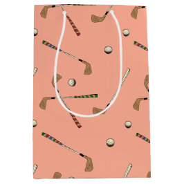 ヴィンテージ レトロ ゴルフ ゴルファー クラブ ボール パターン ピンク ミディアムペーパーバッグ
