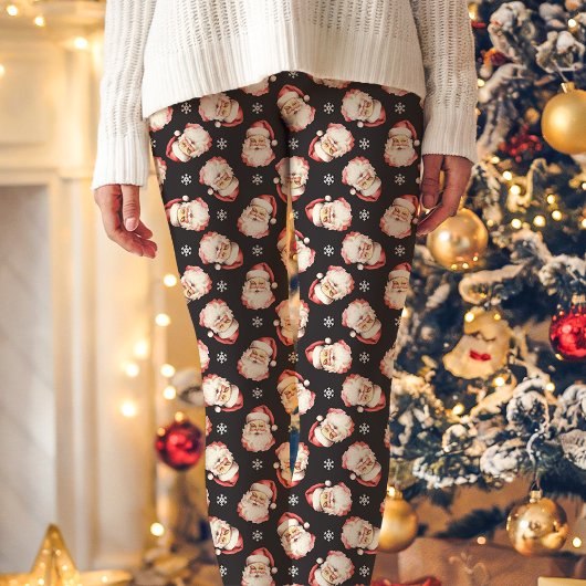 ヴィンテージ レトロ サンタクロース 黒のクリスマスパターン レギンス