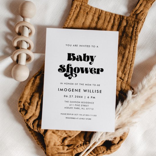 ヴィンテージ レトロ スクリプト ベビーシャワー 招待状