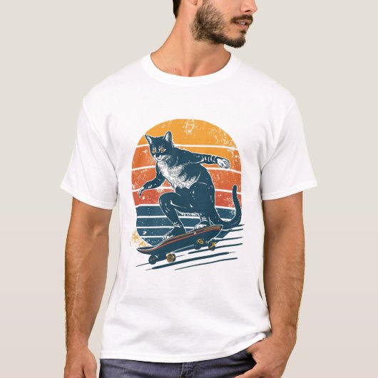 ヴィンテージ レトロ スケーター 猫 日没 グ Tシャツ (正面)