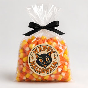ヴィンテージ レトロ ハッピー ハロウィン 黒猫 ラウンドシール