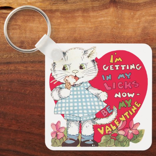 ヴィンテージ レトロ バレンタインデーの猫がアイスクリームを食べる キーホルダー (正面)