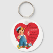 ヴィンテージ レトロ バレンタインデー,少年がハートを釣る キーホルダー (正面)
