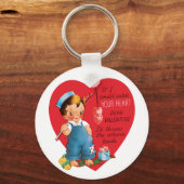ヴィンテージ レトロ バレンタインデー,少年がハートを釣る キーホルダー (正面)
