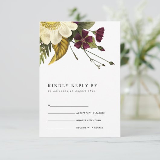 ヴィンテージ レトロ バーガンディー イエロー フラワーズ ウェディング RSVP (スタンド正面)