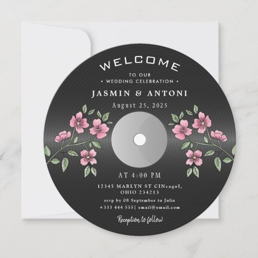 ヴィンテージ レトロ ビニール レコード QR ウェディング 招待状 (正面)