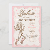 ヴィンテージ レトロ ピンク イーハー コウガール 21歳の誕生日 招待状 (正面)