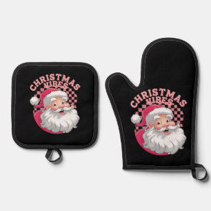 ヴィンテージ レトロ ピンク サンタ クリスマス 鍋つかみ&鍋敷きセット