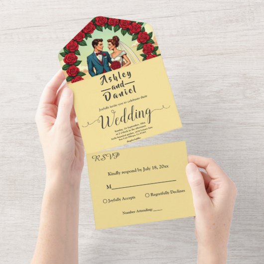ヴィンテージ レトロ ロマンチック カップル コミック フラワール ウェディング オールインワン招待状 (貼ってはがせる)