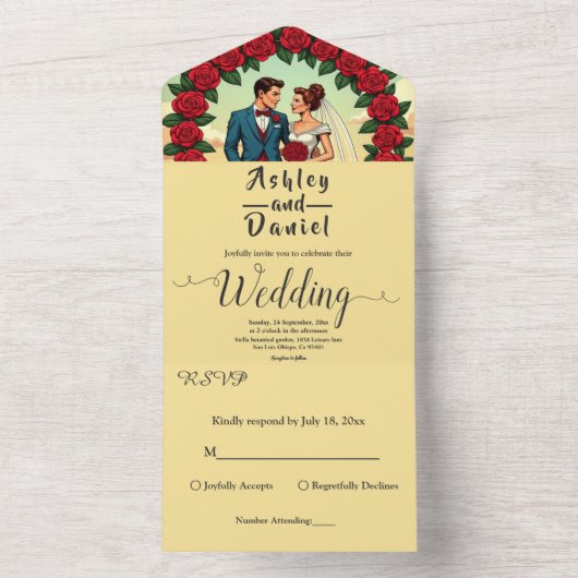 ヴィンテージ レトロ ロマンチック カップル コミック フラワール ウェディング オールインワン招待状 (内側)