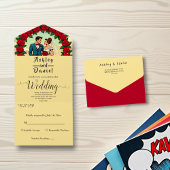 ヴィンテージ レトロ ロマンチック カップル コミック フラワール ウェディング オールインワン招待状