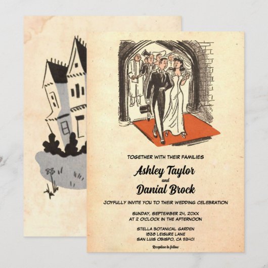 ヴィンテージ レトロ 古い 新婚 カップル シック ウェディング 招待状 (正面/裏面)