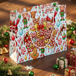 ヴィンテージ　レトロ　赤いキャンディケインの不思議な世界　クリスマス ラージペーパーバッグ