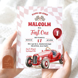 ヴィンテージ レトロ 赤 レースカー ファストワン 1歳 誕生日 招待状