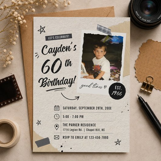 ヴィンテージ レトロ 60歳の誕生日フォト 招待状