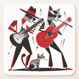 ヴィンテージ レトロ MCM ビートニク 猫 ギター スクエアペーパーコースター