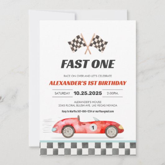 ヴィンテージ レーシングカー ファストワン 1歳の誕生日招待状 招待状 (正面)