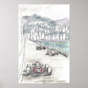 ヴィンテージ レースカー 海辺の街 港湾施設 ポスター