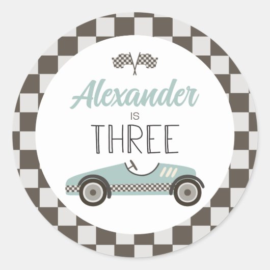 ヴィンテージ レースカー 3歳の誕生日 ラウンドシール (正面)