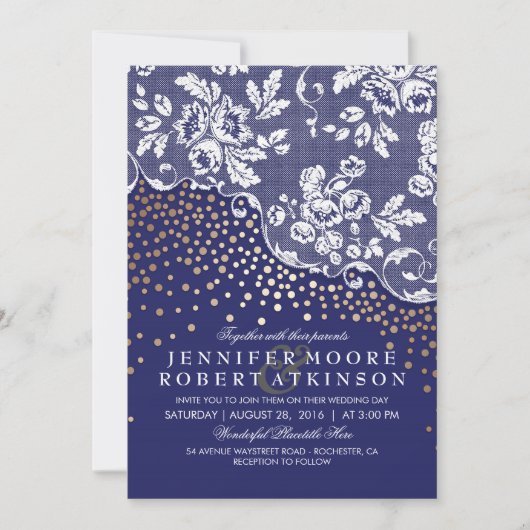 ヴィンテージ·レース·金ゴールド·紙吹雪·ライ結婚ト·ネービー 招待状 (正面)