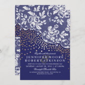 ヴィンテージ·レース·金ゴールド·紙吹雪·ライ結婚ト·ネービー 招待状 (正面/裏面)