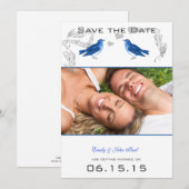 ヴィンテージ ロイヤルブルーの鳥のウェディング セーブ・ザ・デート (正面/裏面)