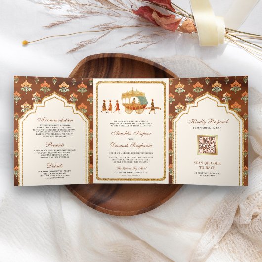 ヴィンテージ ロイヤル クイーン ゴールド チャリオット インドの結婚式 三つ折り招待状
