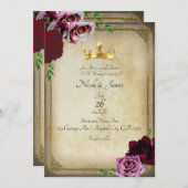 ヴィンテージ ロイヤル ゴールド クラウン ダーク ピンク フローラル ウェディング 招待状 (正面/裏面)