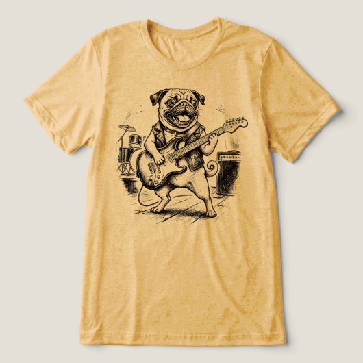ヴィンテージ・ロックバンドのパグ犬 エレキギター トライブレンドＴシャツ (デザイン正面)