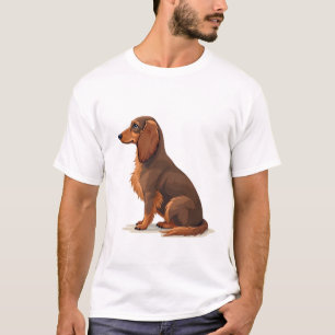 ヴィンテージ ロングヘアード ダックスフンド 後ろ姿 犬 イラスト Tシャツ