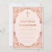 ヴィンテージ ローズゴールド ブラッシュピンクの女の子の初聖体拝領 招待状 (正面)