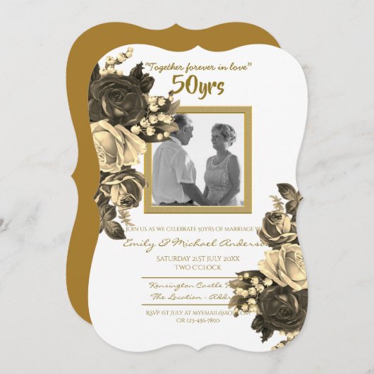 ヴィンテージ ローズ ウェディング アニバーサリー - 50周年 ゴールド 招待状 (正面/裏面)
