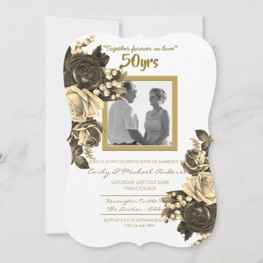 ヴィンテージ ローズ ウェディング アニバーサリー - 50周年 ゴールド 招待状 (正面)