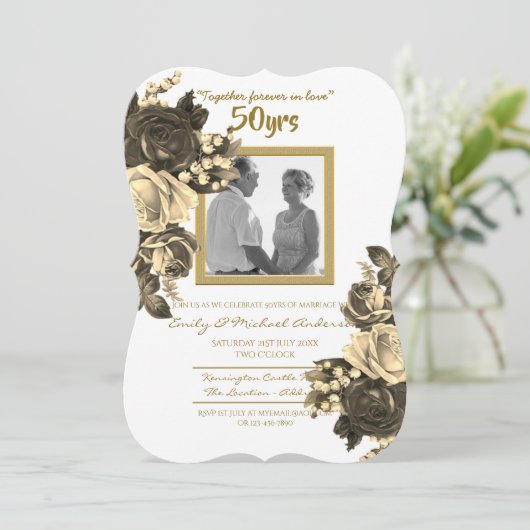 ヴィンテージ ローズ ウェディング アニバーサリー - 50周年 ゴールド 招待状 (スタンド正面)