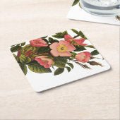 ヴィンテージ ローズ ビューティフル ピンク ボタニカル スクエアペーパーコースター (アングル)