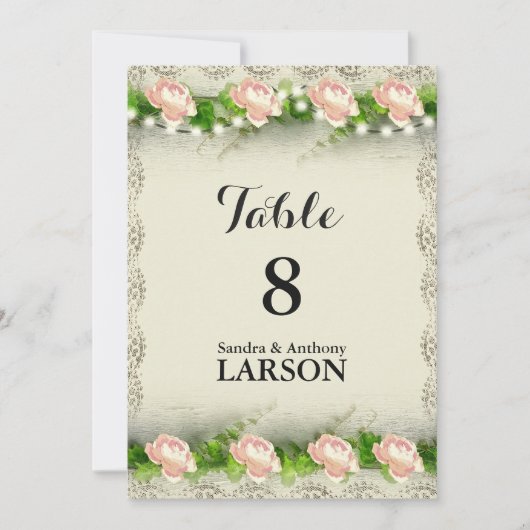 ヴィンテージ ローズ & レース ウェディング テーブル ナンバー 招待状 (正面)