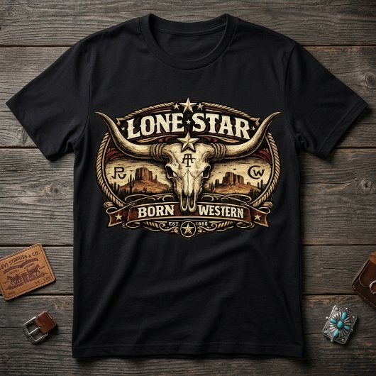 ヴィンテージ・ローン・スター・テキサス・ロングホーン牛の頭蓋骨 ウエスタン Tシャツ