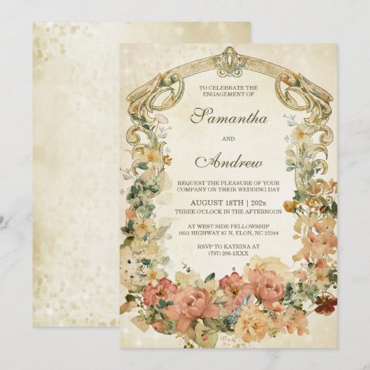 ヴィンテージ ワイルドフラワーエンゲージメントパーティ テンプレート (正面/裏面)