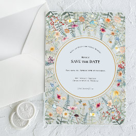 ヴィンテージ・ワイルドフラワー・シダのくすんだブルーのSave the Date アクリル招待状