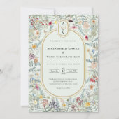 ヴィンテージ ワイルドフラワー ミントグリーン ウェディング モノグラム 招待状 (正面)